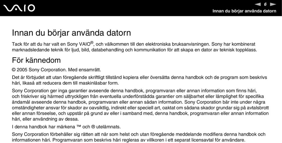 Det är förbjudet att utan föregående skriftligt tillstånd kopiera eller översätta denna handbok och de program som beskrivs häri, likaså att reducera dem till maskinläsbar form.