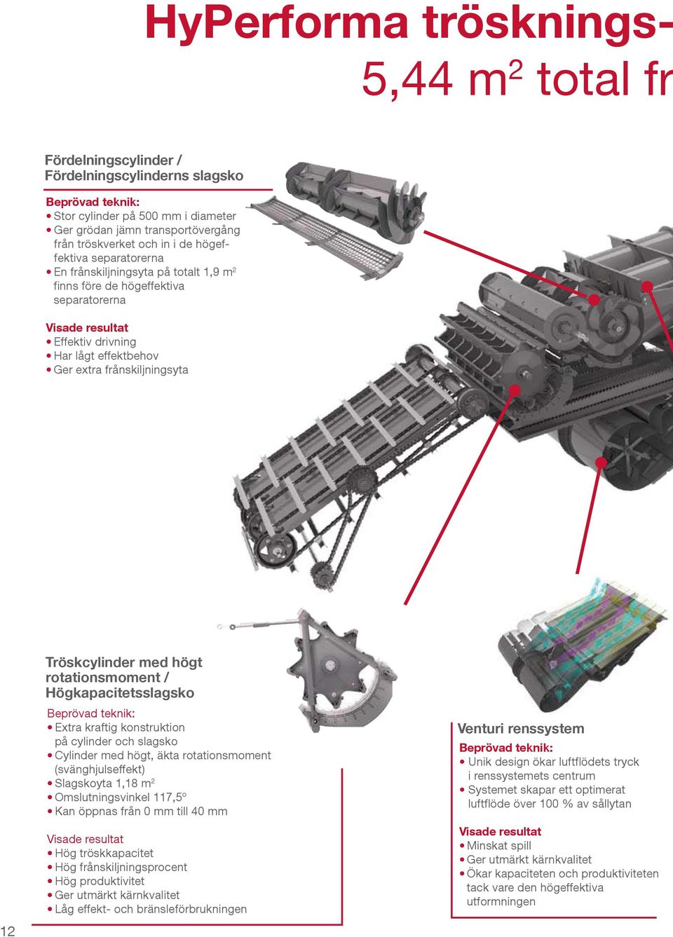 12 Tröskcylinder med högt rotationsmoment / Högkapacitetsslagsko Beprövad teknik: Extra kraftig konstruktion på cylinder och slagsko Cylinder med högt, äkta rotationsmoment (svänghjulseffekt)