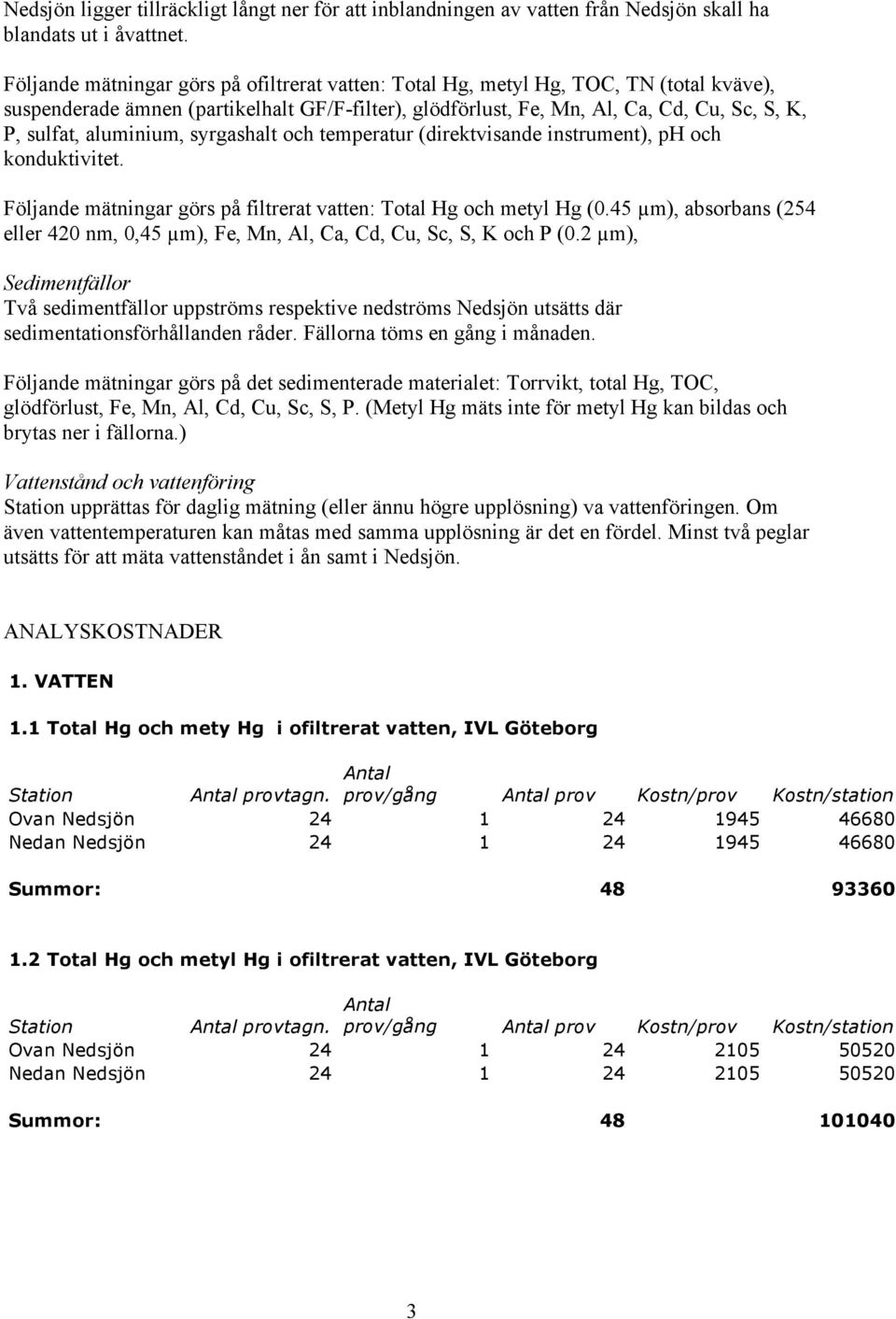 aluminium, syrgashalt och temperatur (direktvisande instrument), ph och konduktivitet. Följande mätningar görs på filtrerat vatten: Total Hg och metyl Hg (0.