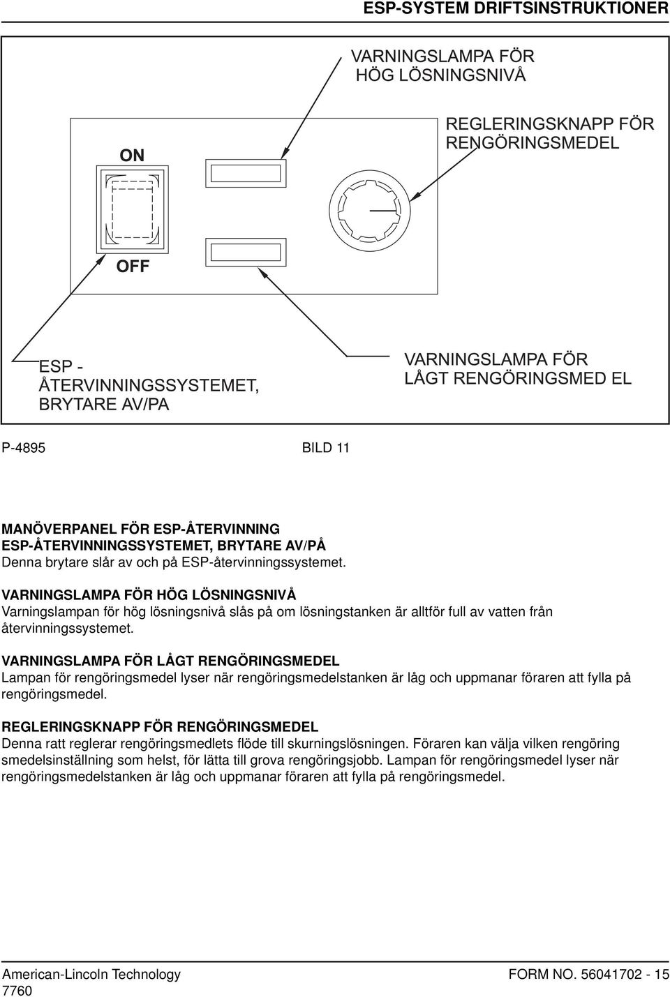 VARNINGSLAMPA FÖR LÅGT RENGÖRINGSMEDEL Lampan för rengöringsmedel lyser när rengöringsmedelstanken är låg och uppmanar föraren att fylla på rengöringsmedel.