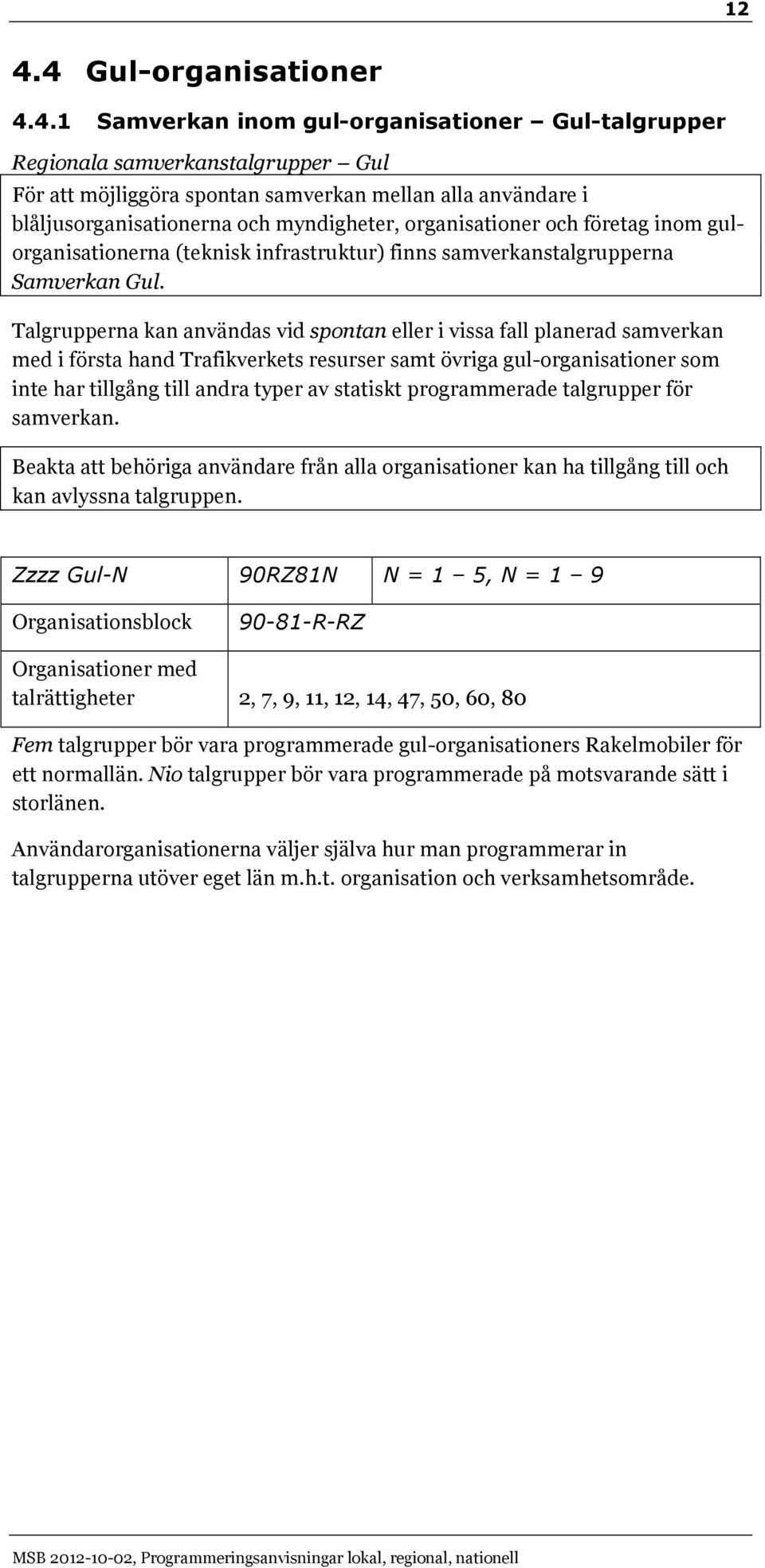 Talgrupperna kan användas vid spontan eller i vissa fall planerad samverkan med i första hand Trafikverkets resurser samt övriga gul-organisationer som inte har tillgång till andra typer av statiskt