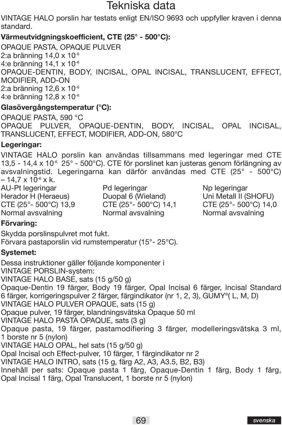 ADD-ON 2:a bränning 12,6 x 10-6 4:e bränning 12,8 x 10-6 Glasövergångstemperatur ( C): OPAQUE PASTA, 590 C OPAQUE PULVER, OPAQUE-DENTIN, BODY, INCISAL, OPAL INCISAL, TRANSLUCENT, EFFECT, MODIFIER,