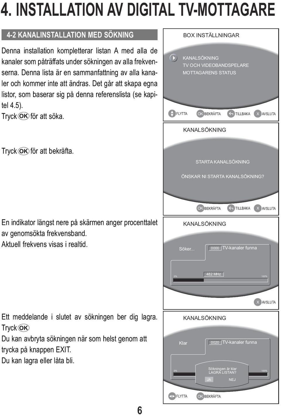 BOX INSTÄLLNINGAR KANALSÖKNING TV OCH VIDEOBANDSPELARE MOTTAGARENS STATUS KANALSÖKNING Tryck OK för att bekräfta. STARTA KANALSÖKNING ÖNSKAR NI STARTA KANALSÖKNING?