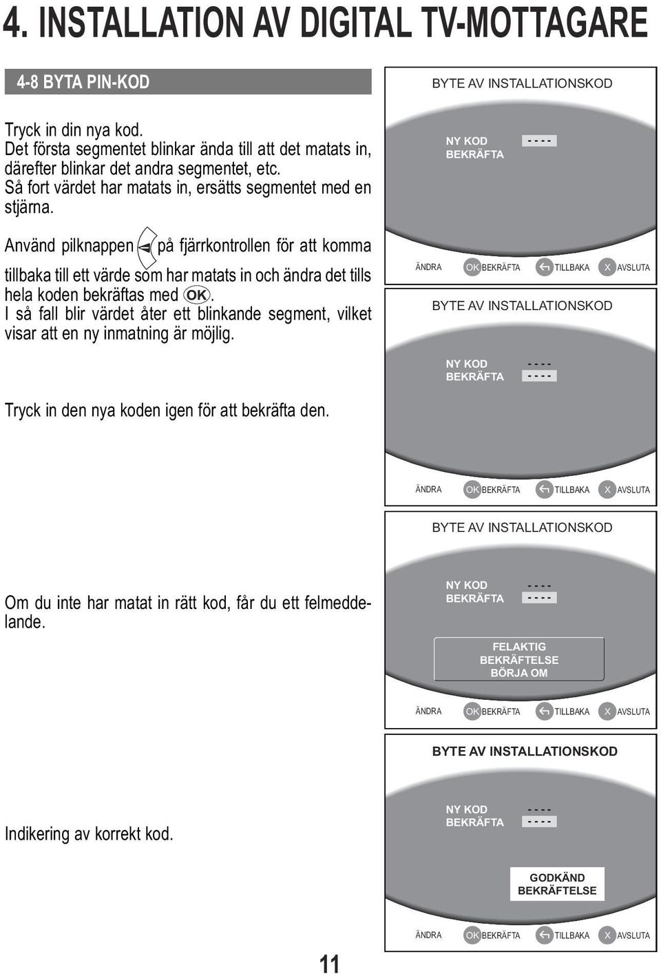 NY KOD BEKRÄFTA Använd pilknappen på fjärrkontrollen för att komma tillbaka till ett värde som har matats in och ändra det tills hela koden bekräftas med OK.