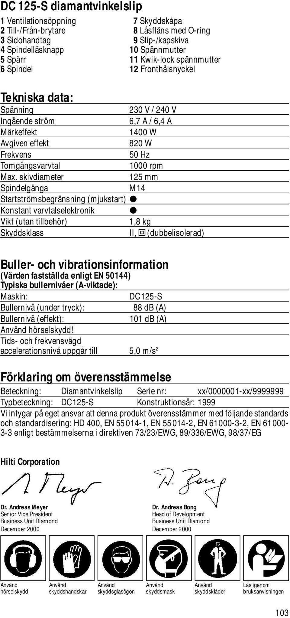 skivdiameter 125 mm Spindelgänga M14 Startströmsbegränsning (mjukstart) Konstant varvtalselektronik Vikt (utan tillbehör) 1,8 kg Skyddsklass II, Z (dubbelisolerad) Buller- och vibrationsinformation