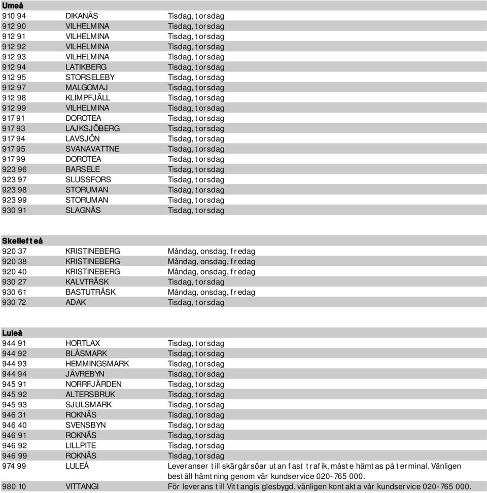 torsdag 917 94 LAVSJÖN Tisdag, torsdag 917 95 SVANAVATTNE Tisdag, torsdag 917 99 DOROTEA Tisdag, torsdag 923 96 BARSELE Tisdag, torsdag 923 97 SLUSSFORS Tisdag, torsdag 923 98 STORUMAN Tisdag,