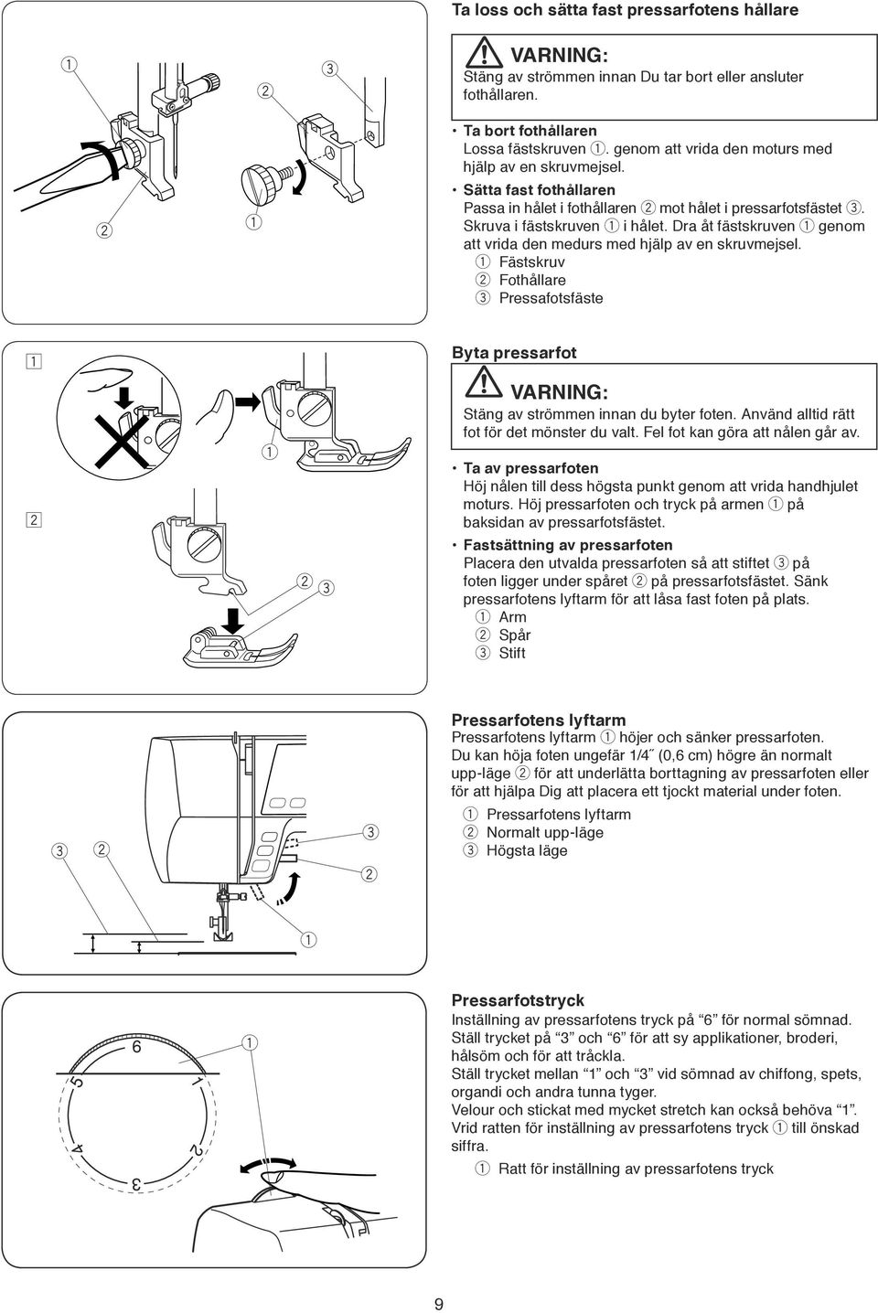 Fästskruv Fothållar Prssafotsfäst z Byta prssarfot x VARNING: Stäng av strömmn innan du bytr fotn. Använd alltid rätt fot för dt mönstr du valt. Fl fot kan göra att nåln går av.