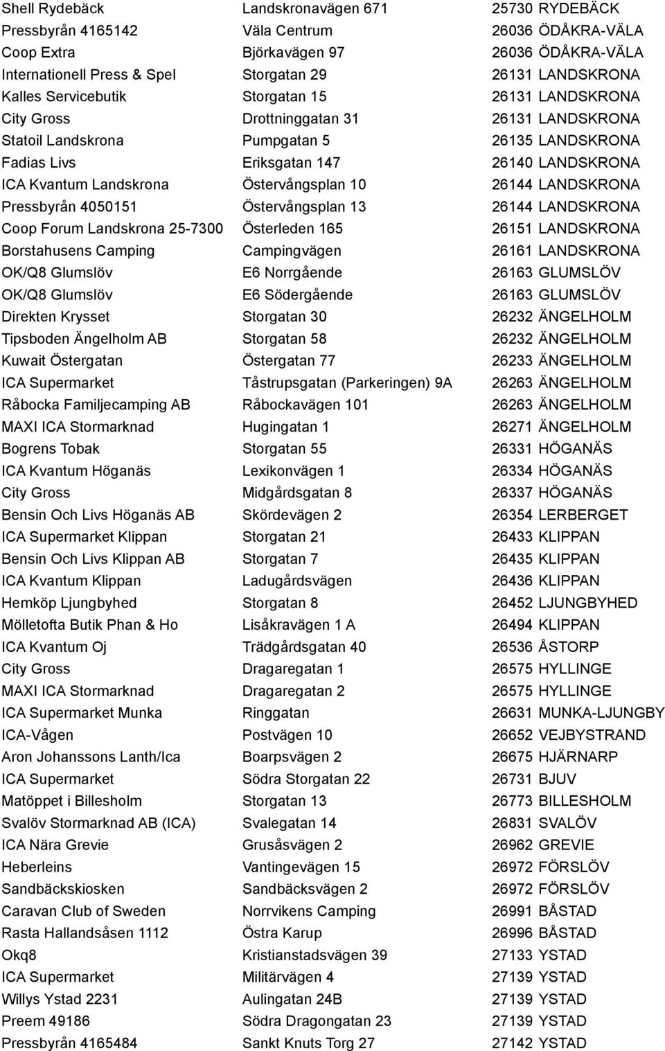 ICA Kvantum Landskrona Östervångsplan 10 26144 LANDSKRONA Pressbyrån 4050151 Östervångsplan 13 26144 LANDSKRONA Coop Forum Landskrona 25-7300 Österleden 165 26151 LANDSKRONA Borstahusens Camping