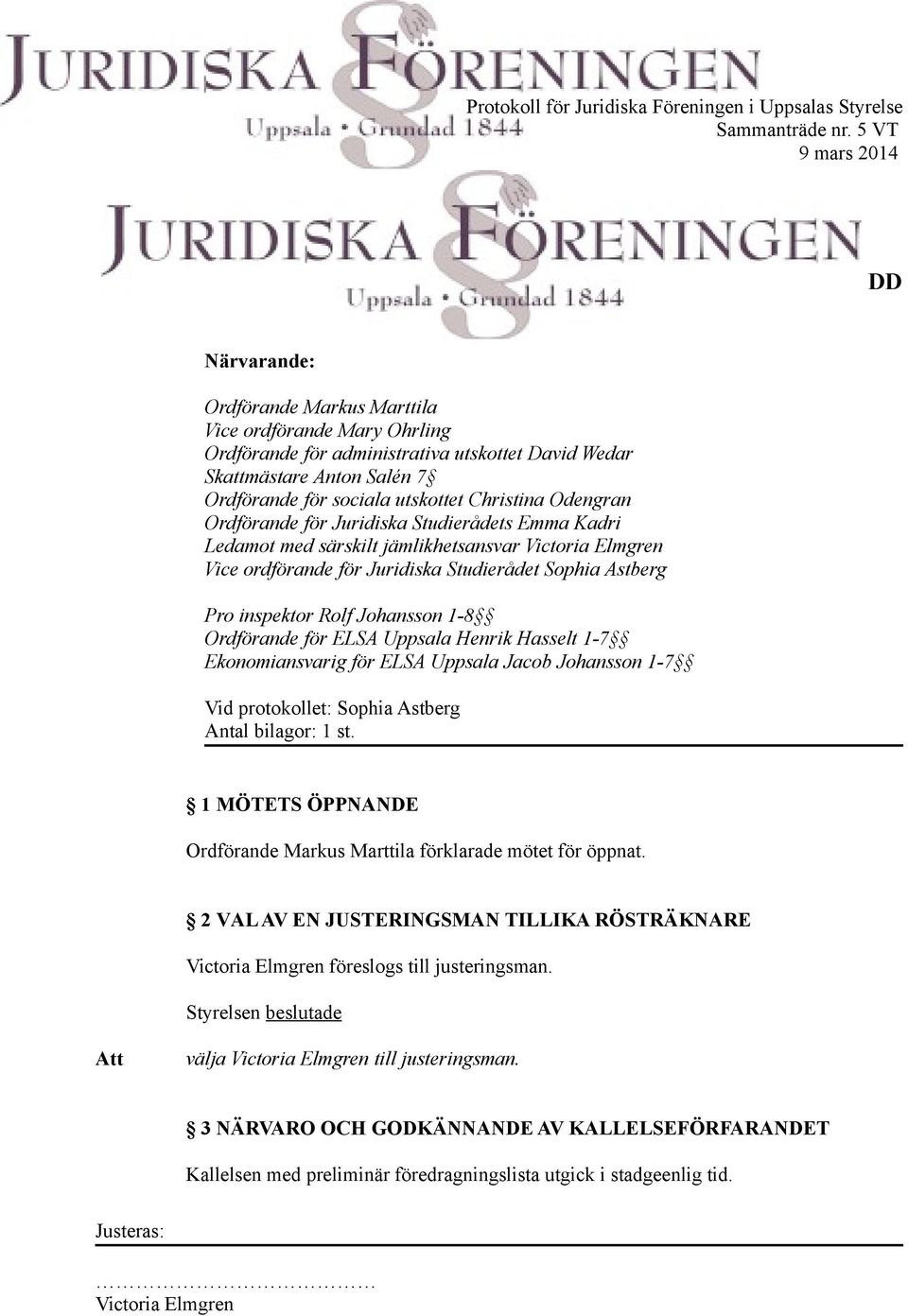 utskottet Christina Odengran Ordförande för Juridiska Studierådets Emma Kadri Ledamot med särskilt jämlikhetsansvar Vice ordförande för Juridiska Studierådet Sophia Astberg Pro inspektor Rolf