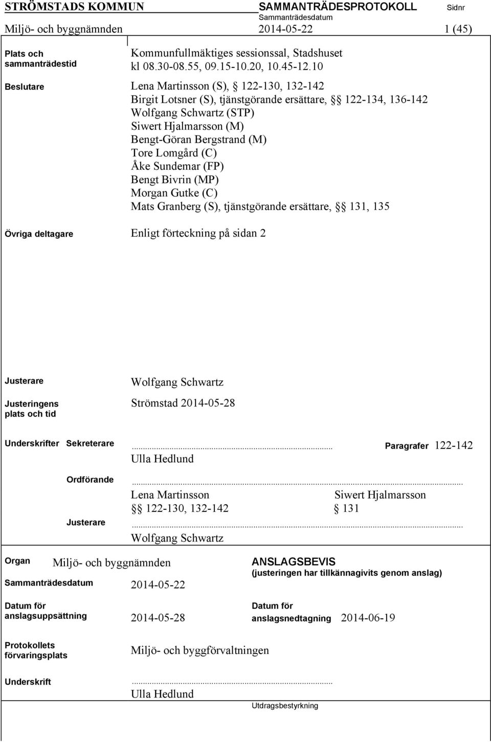 (C) Åke Sundemar (FP) Bengt Bivrin (MP) Morgan Gutke (C) Mats Granberg (S), tjänstgörande ersättare, 131, 135 Övriga deltagare Enligt förteckning på sidan 2 Justerare Justeringens plats och tid