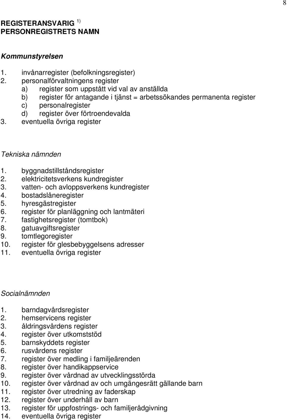 förtroendevalda 3. eventuella övriga register Tekniska nämnden 1. byggnadstillståndsregister 2. elektricitetsverkens kundregister 3. vatten- och avloppsverkens kundregister 4. bostadslåneregister 5.