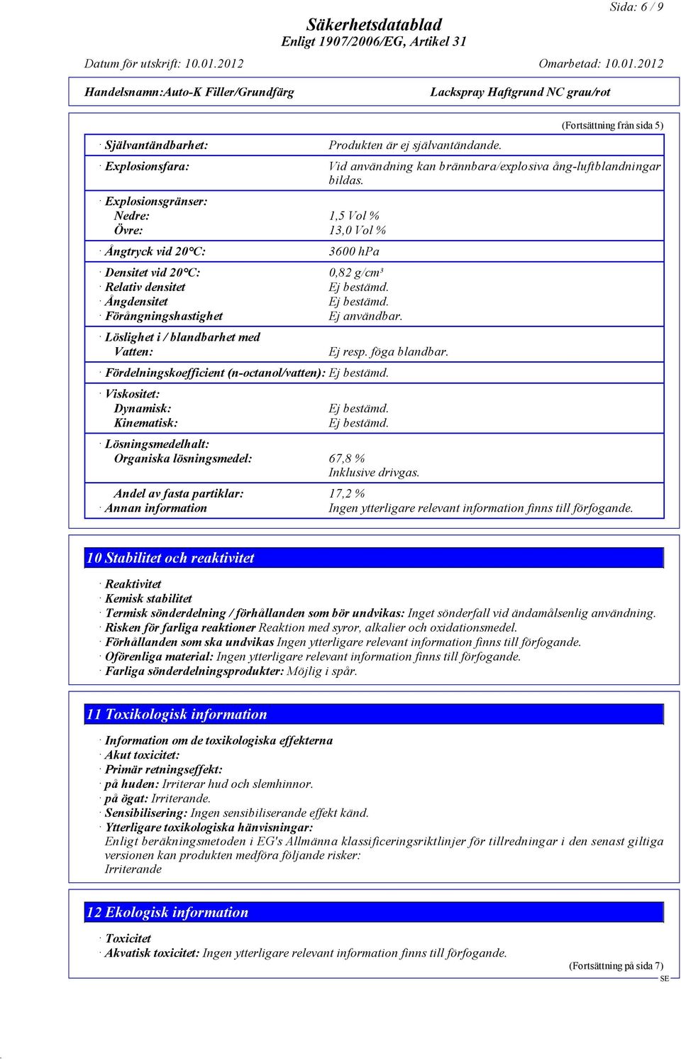 Löslighet i / blandbarhet med Vatten: Ej resp. föga blandbar. Fördelningskoefficient (n-octanol/vatten): Ej bestämd. Viskositet: Dynamisk: Kinematisk: Ej bestämd. Ej bestämd. Lösningsmedelhalt: Organiska lösningsmedel: 67,8 % Inklusive drivgas.