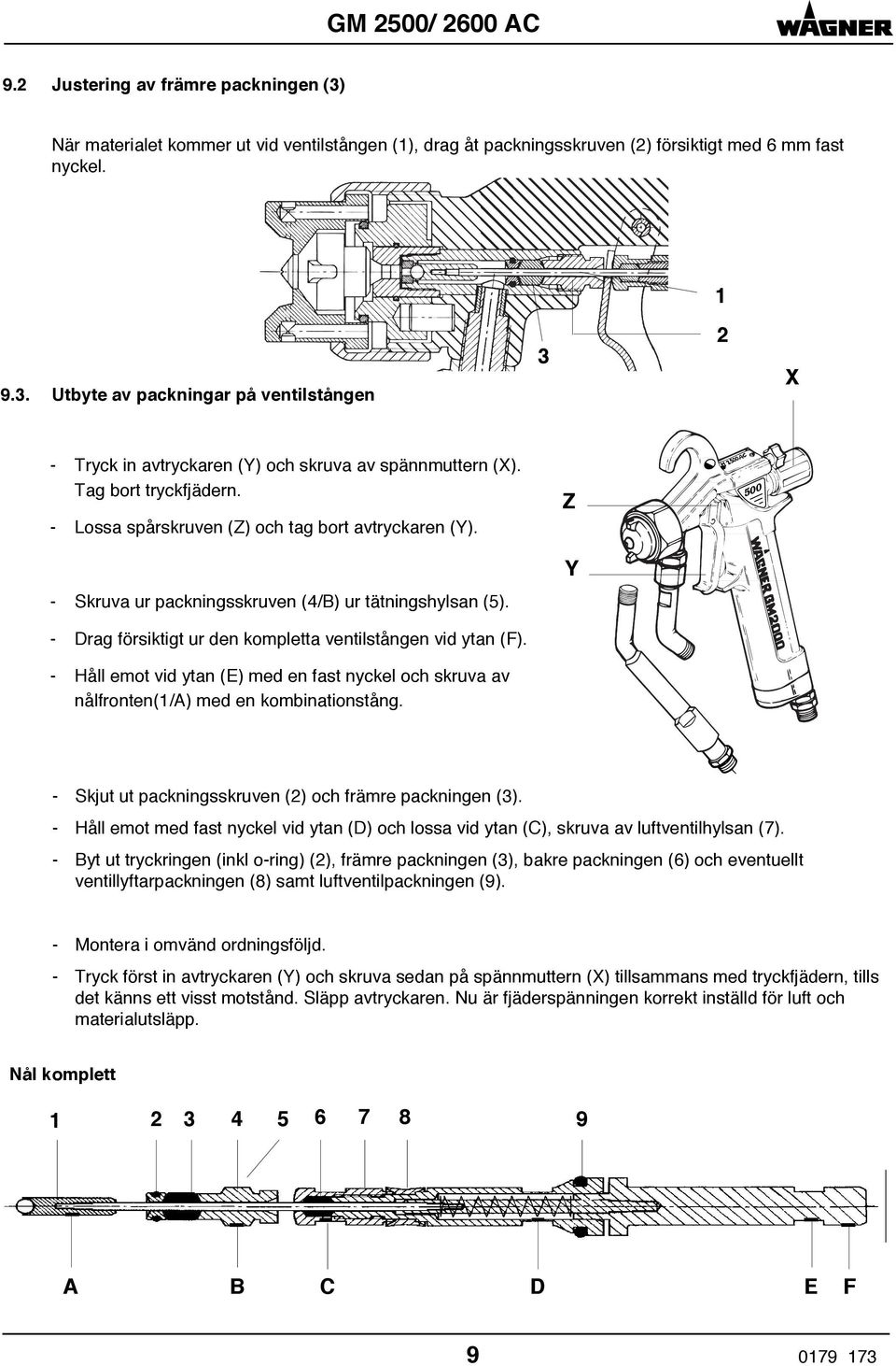 - Håll emot vid ytan (E) med en fast nyckel och skruva av nålfronten(1/a) med en kombinationstång. Z Y 500 - Skjut ut packningsskruven (2) och främre packningen (3).