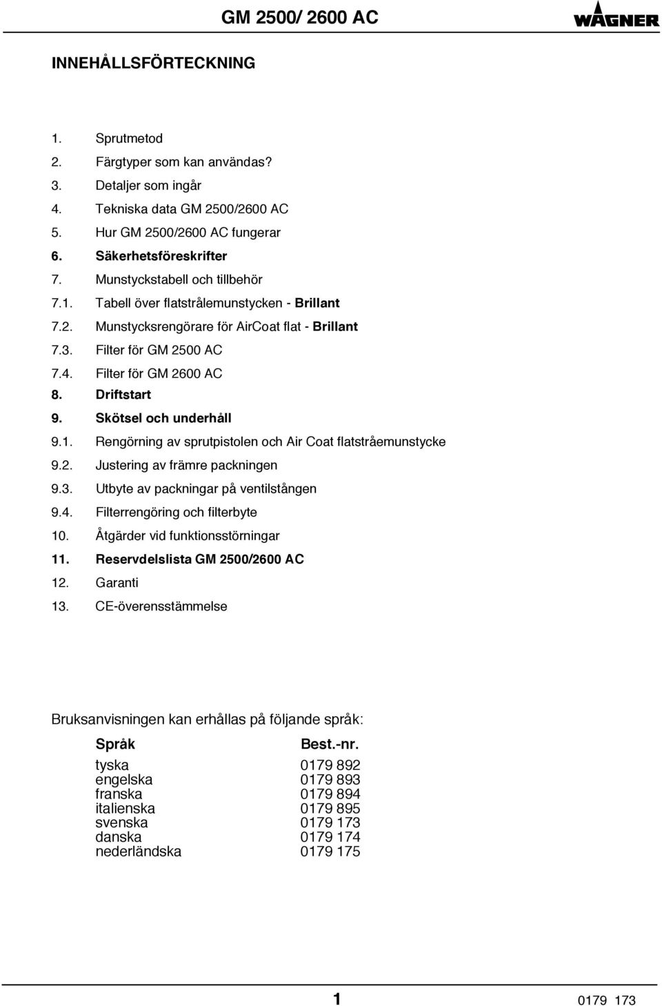 Driftstart 9. Skötsel och underhåll 9.1. Rengörning av sprutpistolen och Air Coat flatstråemunstycke 9.2. Justering av främre packningen 9.3. Utbyte av packningar på ventilstången 9.4.