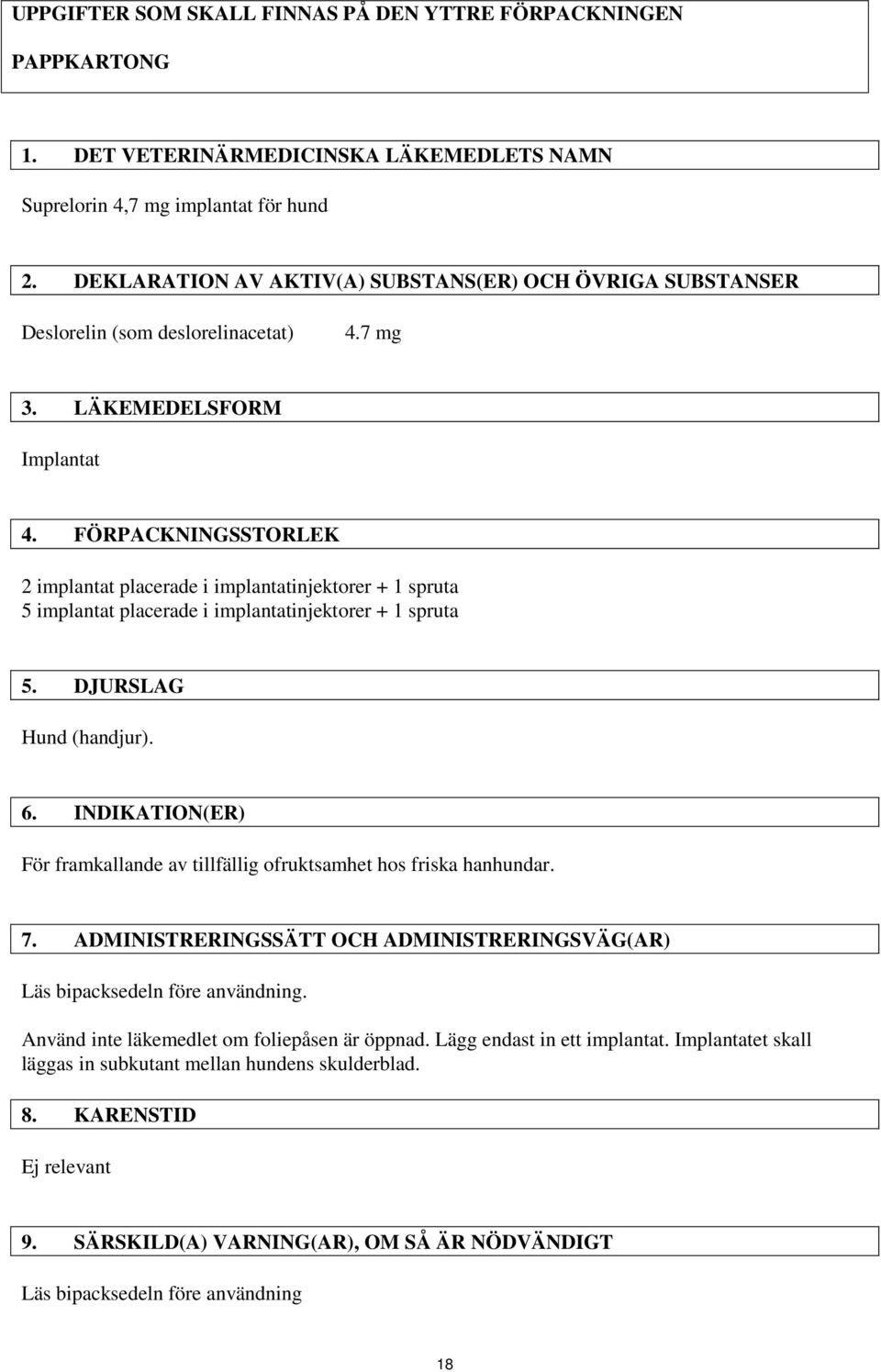 FÖRPACKNINGSSTORLEK 2 implantat placerade i implantatinjektorer + 1 spruta 5 implantat placerade i implantatinjektorer + 1 spruta 5. DJURSLAG Hund (handjur). 6.