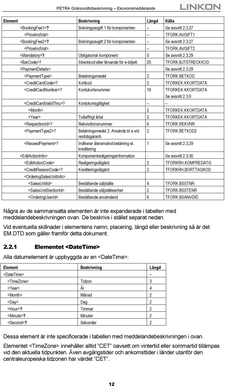 BETKOD <CreditCardCode>? Kortkod 2 TFORKEK.KKORTDATA <CreditCardNumber>? Kontokortsnummer 19 TFORKEK.KKORTDATA Se avsnitt 2.3.9 <CreditCardValidThru>? Kontokortsgiltighet <Month> 2 TFORKEK.