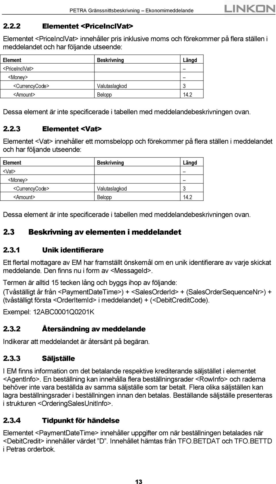 Dessa element är inte specificerade i tabellen med meddelandebeskrivningen ovan. 2.