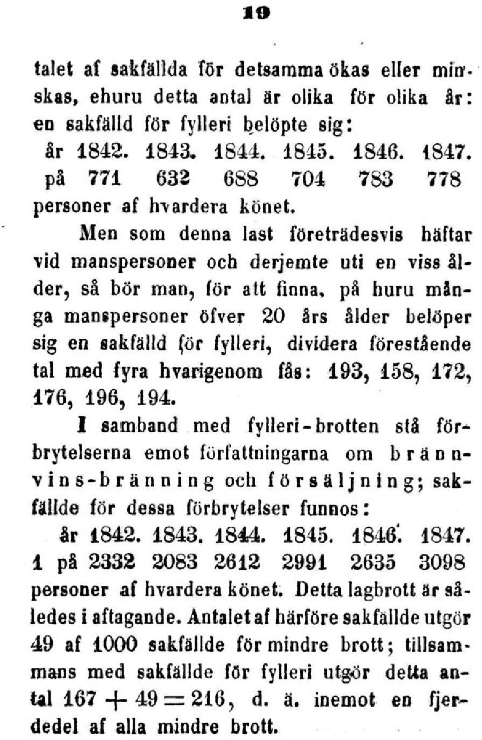 Men som denna last företrädesvis häftar vid manspersoner och derjemte uti en viss ålder, så bör man, för att finna, på huru många manspersoner öfver 20 års ålder belöper sig en sakfälld (ör fylleri,