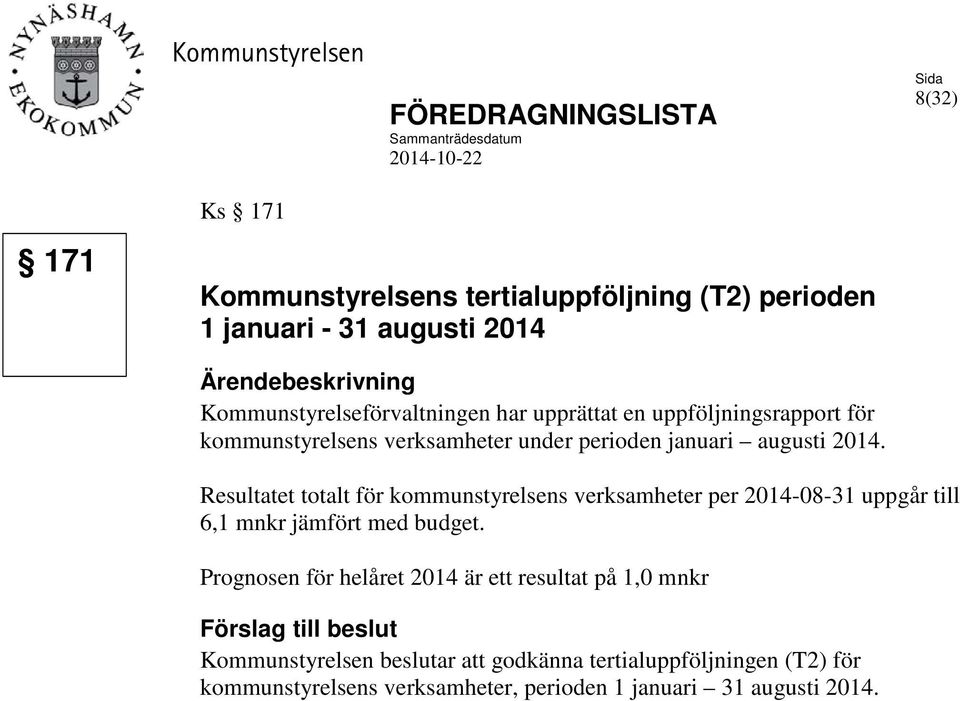 Resultatet totalt för kommunstyrelsens verksamheter per 2014-08-31 uppgår till 6,1 mnkr jämfört med budget.