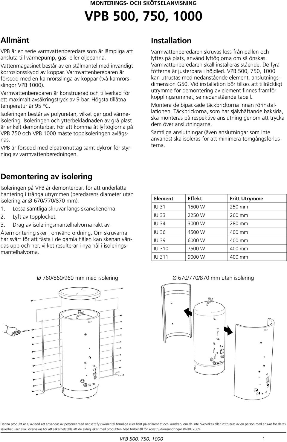 Varmvattenberedaren är konstruerad och tillverkad för ett maximalt avsäkringstryck av 9 bar. Högsta tillåtna temperatur är C. Isoleringen består av polyuretan, vilket ger god värmeisolering.