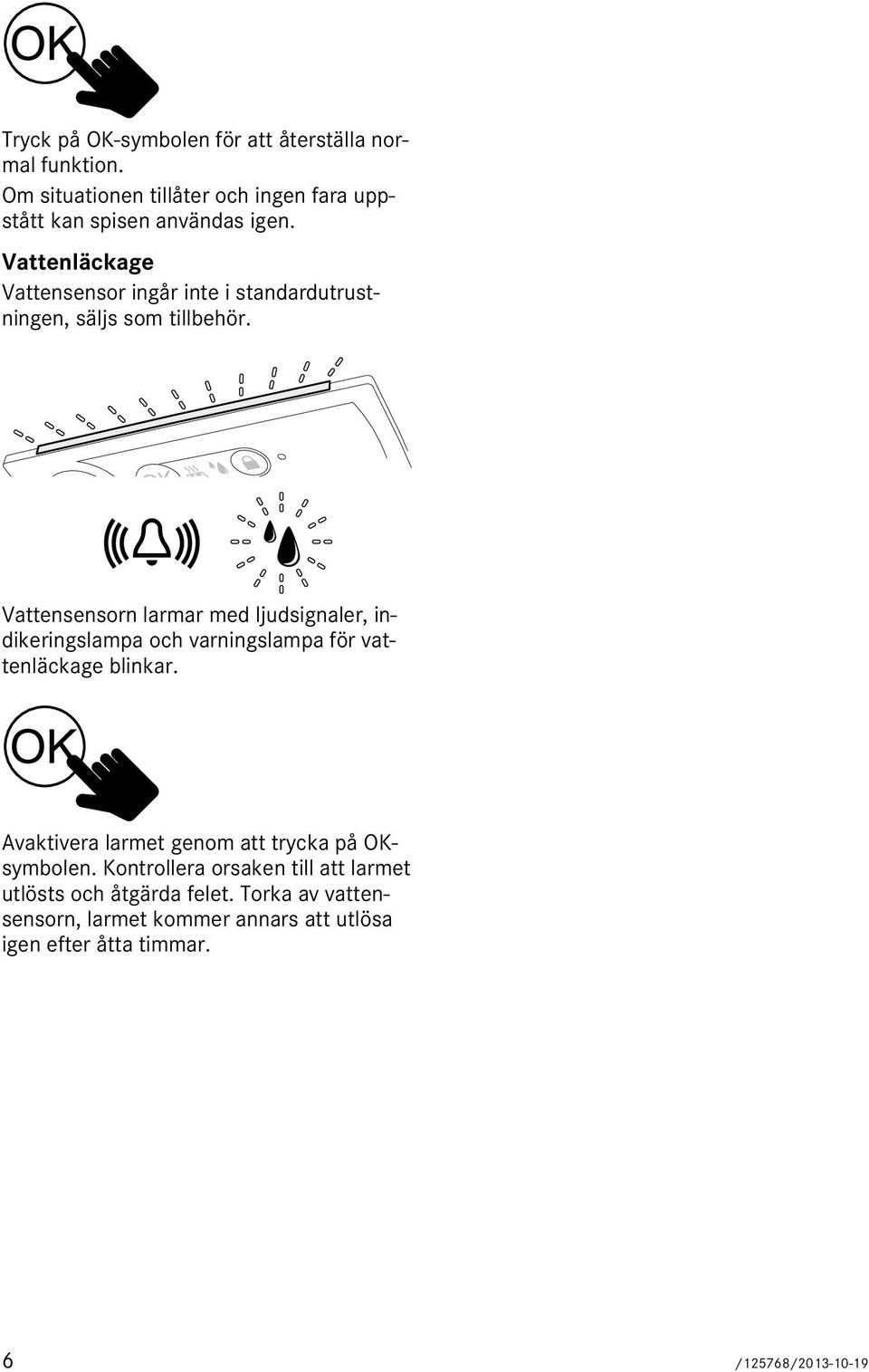 Vattensensorn larmar med ljudsignaler, indikeringslampa och varningslampa för vattenläckage blinkar.