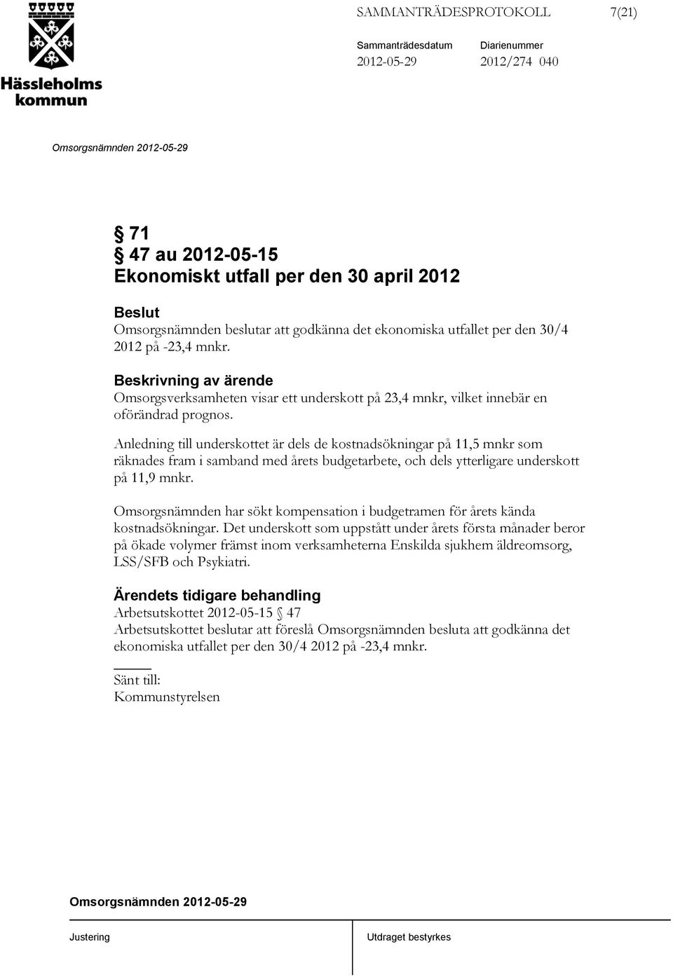 Anledning till underskottet är dels de kostnadsökningar på 11,5 mnkr som räknades fram i samband med årets budgetarbete, och dels ytterligare underskott på 11,9 mnkr.