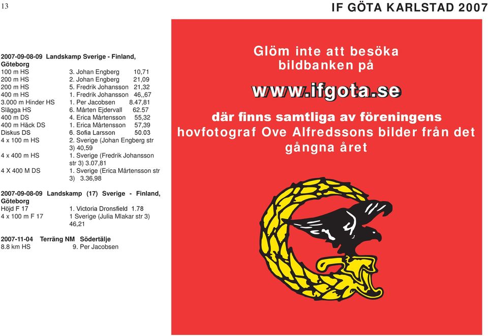 Sofia Larsson 50.03 4 x 100 m HS 2. Sverige (Johan Engberg str 3) 40,59 4 x 400 m HS 1. Sverige (Fredrik Johansson str 3) 3.07,81 4 X 400 M DS 1. Sverige (Erica Mårtensson str 3) 3.