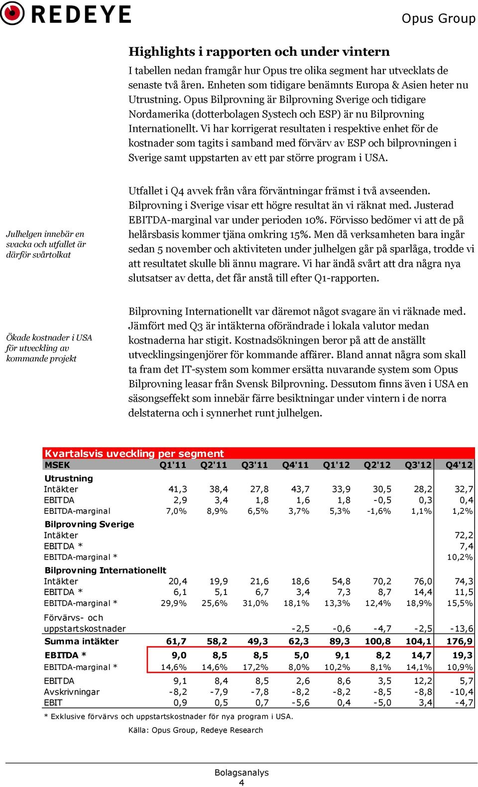 Vi har korrigerat resultaten i respektive enhet för de kostnader som tagits i samband med förvärv av ESP och bilprovningen i Sverige samt uppstarten av ett par större program i USA.