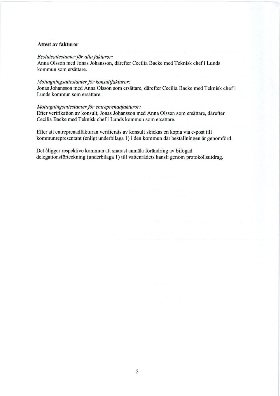 Mottagningsattestanter för entreprenadfakturor: Efter verifikation av konsult, Jonas Johansson med Anna Olsson som ersättare, därefter Cecilia Backe med Teknisk chef i Lunds kommun som ersättare.