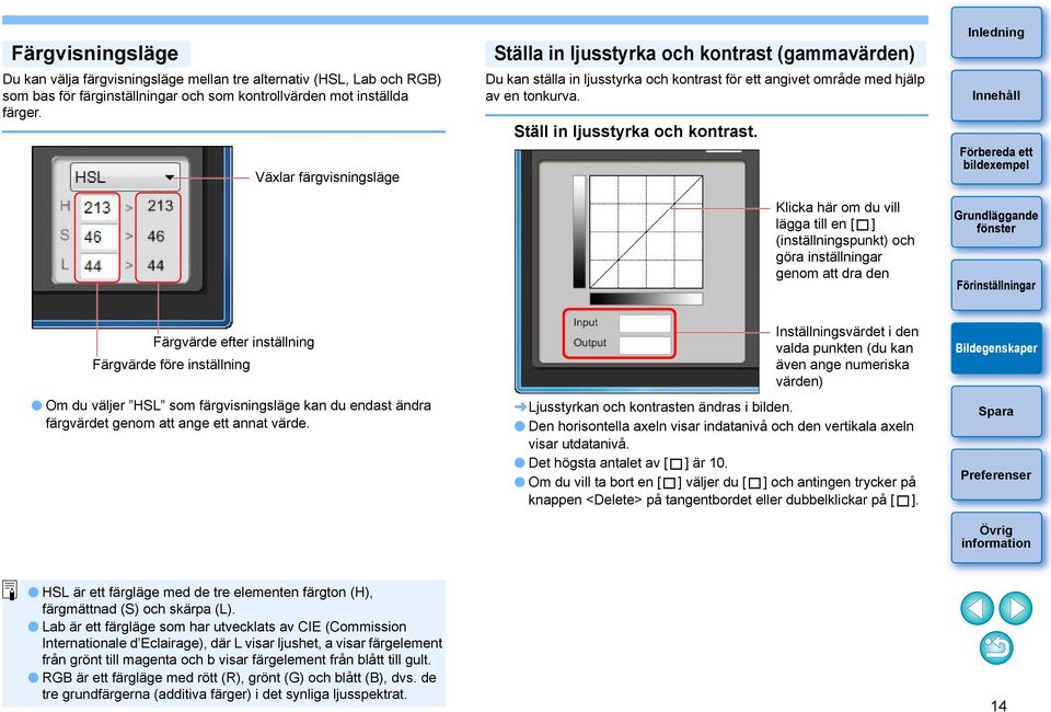 Klicka här om du vill lägga till en [ ] (inställningspunkt) och göra inställningar genom att dra den Färgvärde efter inställning Färgvärde före inställning Om du väljer HSL som färgvisningsläge kan