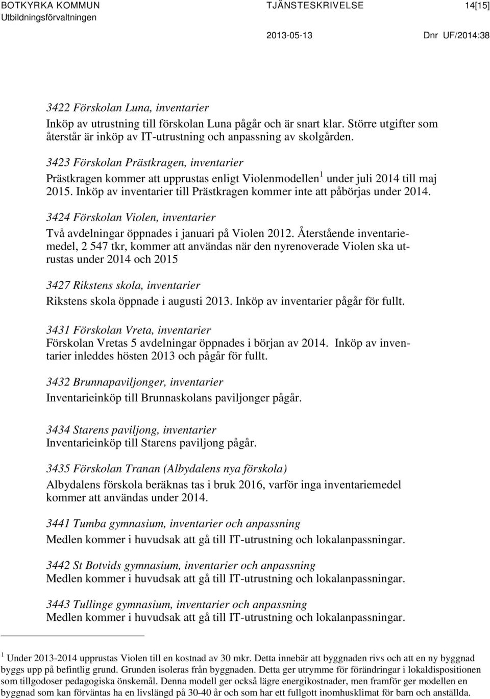 3423 Förskolan Prästkragen, inventarier Prästkragen kommer att upprustas enligt Violenmodellen 1 under juli 2014 till maj 2015.