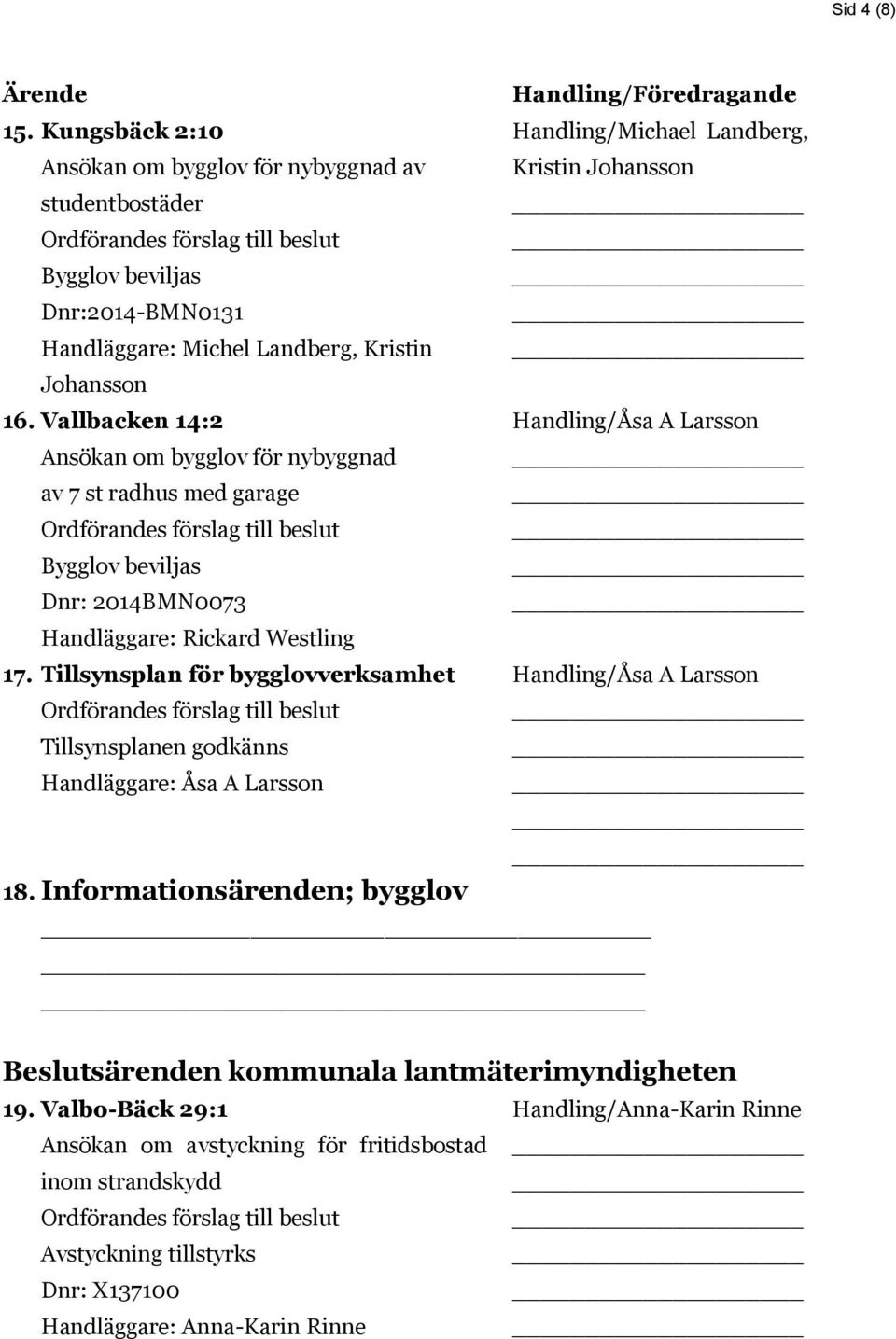 Tillsynsplan för bygglovverksamhet Tillsynsplanen godkänns Handläggare: Åsa A Larsson Handling/Michael Landberg, Kristin Johansson Handling/Åsa A Larsson Handling/Åsa A Larsson 18.