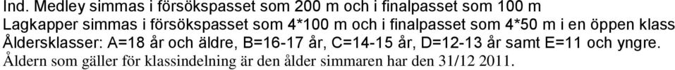 Åldersklasser: A=18 år och äldre, B=16-17 år, C=14-15 år, D=12-13 år samt E=11 och