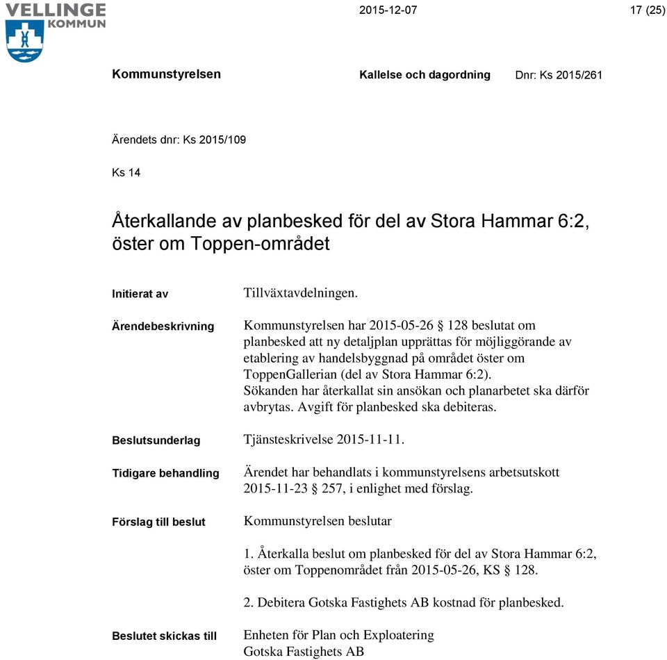 Sökanden har återkallat sin ansökan och planarbetet ska därför avbrytas. Avgift för planbesked ska debiteras. Beslutsunderlag Tjänsteskrivelse 2015-11-11.