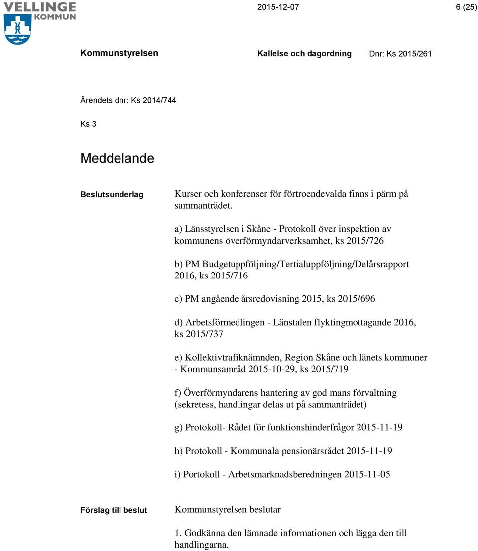 årsredovisning 2015, ks 2015/696 d) Arbetsförmedlingen - Länstalen flyktingmottagande 2016, ks 2015/737 e) Kollektivtrafiknämnden, Region Skåne och länets kommuner - Kommunsamråd 2015-10-29, ks