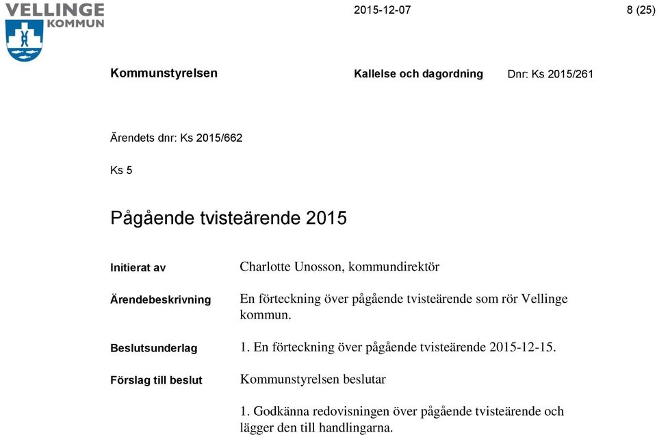 kommun. Beslutsunderlag 1. En förteckning över pågående tvisteärende 2015-12-15.