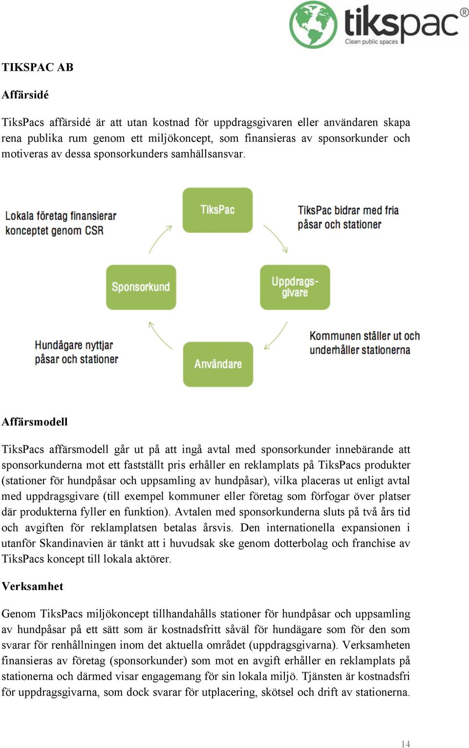 Affärsmodell TiksPacs affärsmodell går ut på att ingå avtal med sponsorkunder innebärande att sponsorkunderna mot ett fastställt pris erhåller en reklamplats på TiksPacs produkter (stationer för