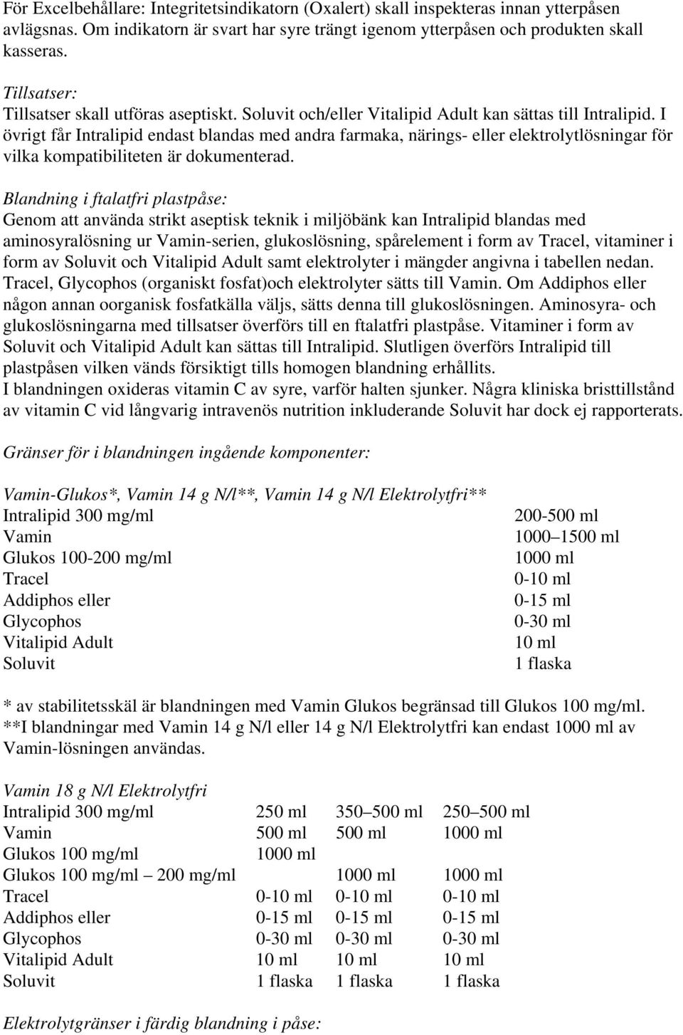 I övrigt får Intralipid endast blandas med andra farmaka, närings- eller elektrolytlösningar för vilka kompatibiliteten är dokumenterad.