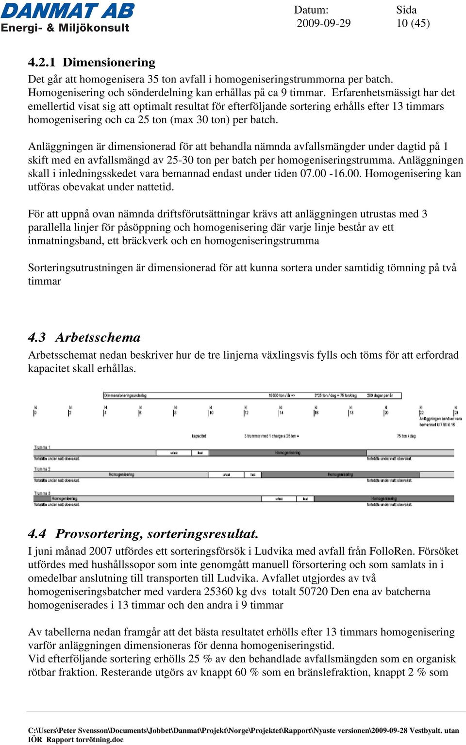 Anläggningen är dimensionerad för att behandla nämnda avfallsmängder under dagtid på 1 skift med en avfallsmängd av 25-30 ton per batch per homogeniseringstrumma.