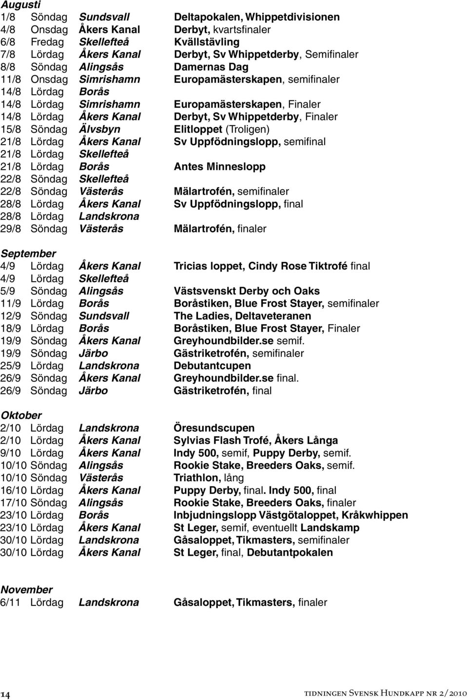 Derbyt, Sv Whippetderby, Finaler 15/8 Söndag Älvsbyn Elitloppet (Troligen) 21/8 Lördag Åkers Kanal Sv Uppfödningslopp, semifinal 21/8 Lördag Skellefteå 21/8 Lördag Borås Antes Minneslopp 22/8 Söndag