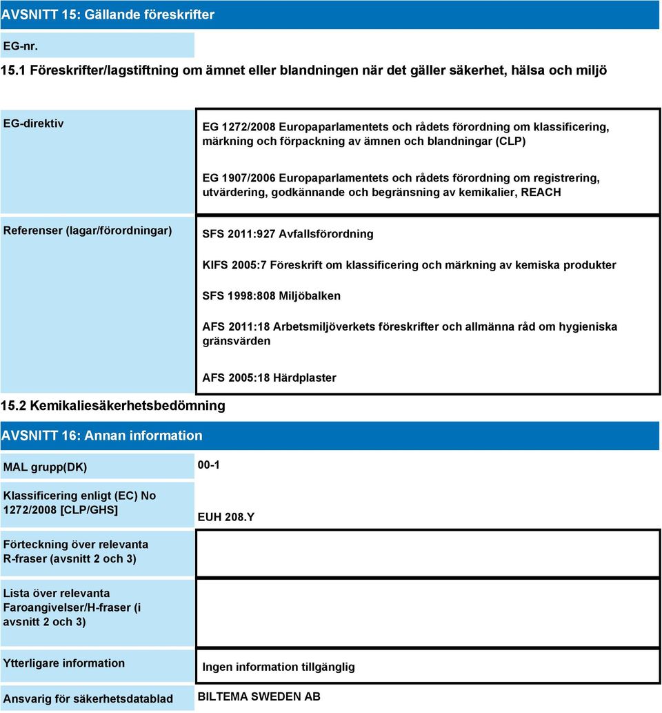 1 Föreskrifter/lagstiftning om ämnet eller blandningen när det gäller säkerhet, hälsa och miljö EG-direktiv EG 1272/2008 Europaparlamentets och rådets förordning om klassificering, märkning och