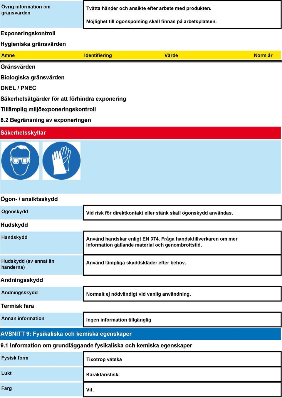 miljöexponeringskontroll 8.2 Begränsning av exponeringen Säkerhetsskyltar Ögon- / ansiktsskydd Ögonskydd Vid risk för direktkontakt eller stänk skall ögonskydd användas.