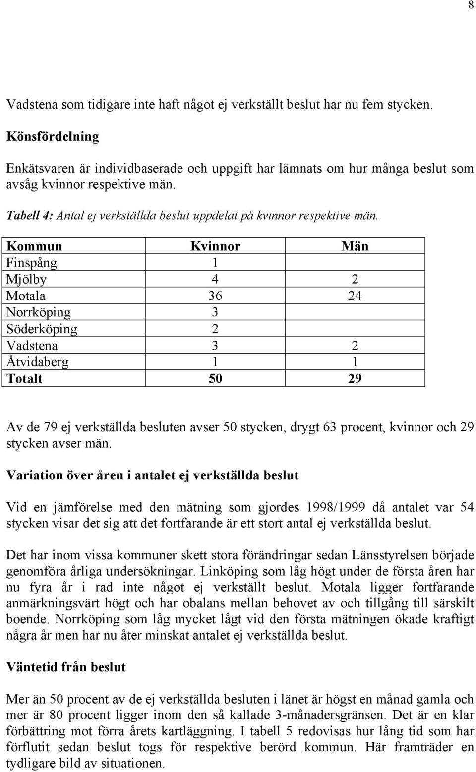Kommun Kvinnor Män Finspång 1 Mjölby 4 2 Motala 36 24 Norrköping 3 Söderköping 2 Vadstena 3 2 Åtvidaberg 1 1 Totalt 50 29 Av de 79 ej verkställda besluten avser 50 stycken, drygt 63 procent, kvinnor