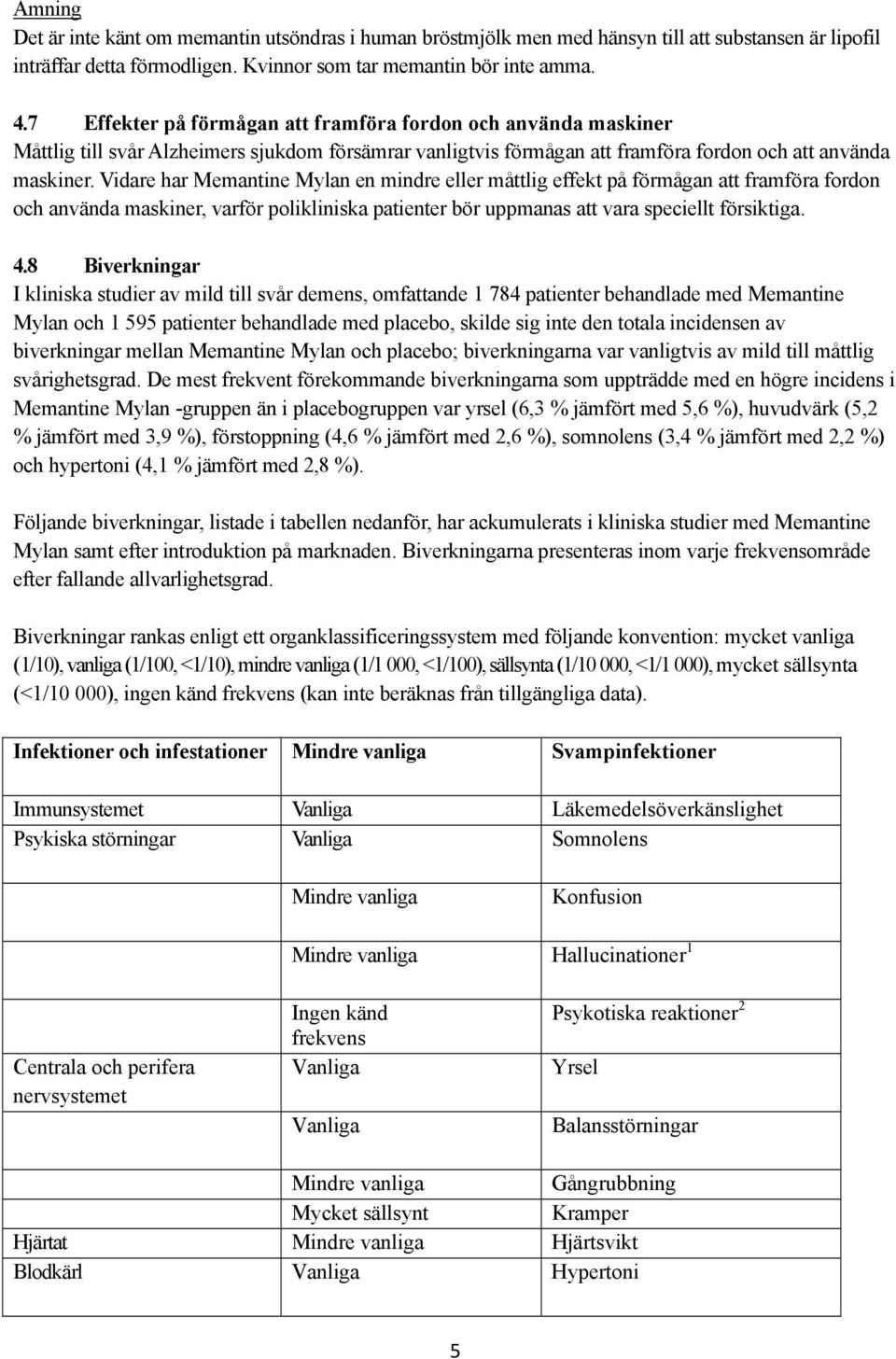 Vidare har Memantine Mylan en mindre eller måttlig effekt på förmågan att framföra fordon och använda maskiner, varför polikliniska patienter bör uppmanas att vara speciellt försiktiga. 4.