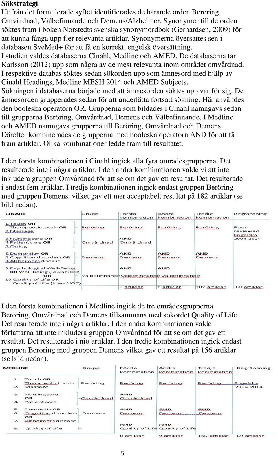 Synonymerna översattes sen i databasen SveMed+ för att få en korrekt, engelsk översättning. I studien valdes databaserna Cinahl, Medline och AMED.