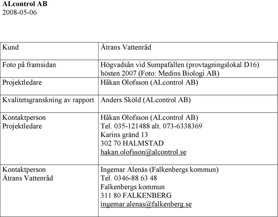 Projektledare Kontaktperson Ätrans Vattenråd Håkan Olofsson (ALcontrol AB) Tel. 035-121488 alt.