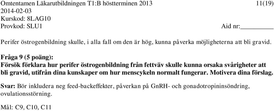 Fråga 9 (5 poäng): Försök förklara hur perifer östrogenbildning från fettväv skulle kunna orsaka svårigheter att bli