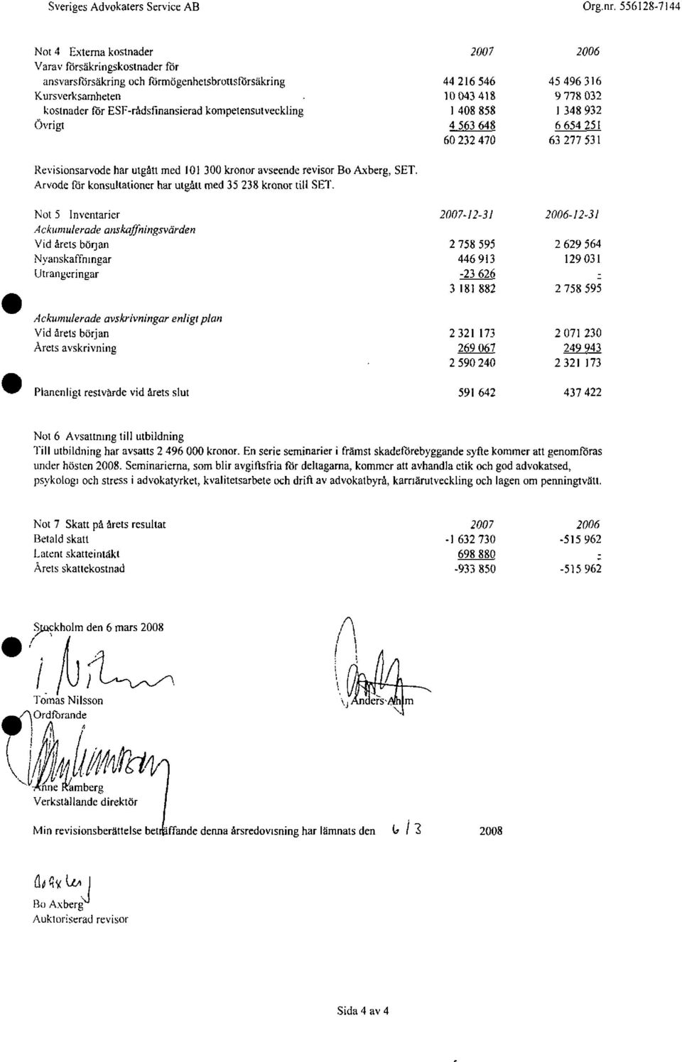 Revisionsarvode har utgått med 101 300 kronor avseende revisor Bo Axberg, SET. Arvode för konsultationer har utgått med 35 238 kronor till SET.