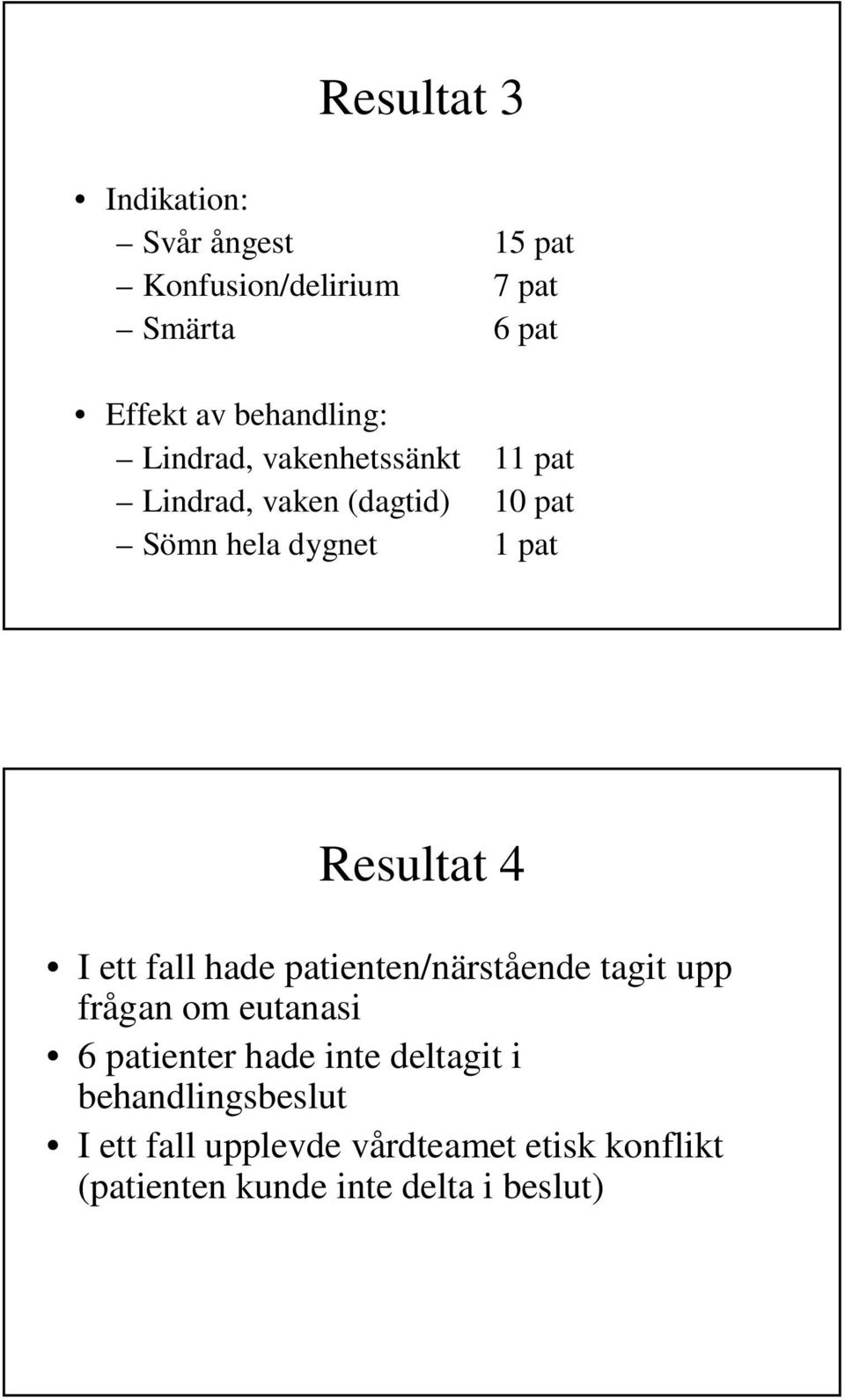 Resultat 4 I ett fall hade patienten/närstående tagit upp frågan om eutanasi 6 patienter hade inte