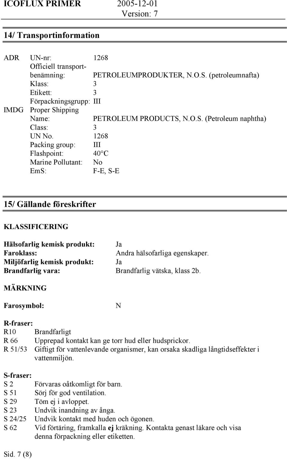 1268 Packing group: III Flashpoint: 40 C Marine Pollutant: No EmS: F-E, S-E 15/ Gällande föreskrifter KLASSIFICERING Hälsofarlig kemisk produkt: Ja Faroklass: Andra hälsofarliga egenskaper.